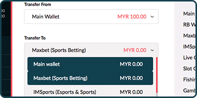 Transfer window showing main wallet and sa gaming wallet with transfer amount field